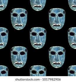 Seamless geometrical pattern with Mixtec mosaic turquoise masks. Pre Columbian Mexican art.