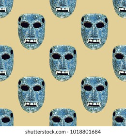Seamless geometrical pattern with Mixtec mosaic turquoise masks. Pre Columbian Mexican art.