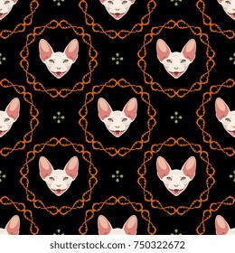 Seamless geometrical pattern with naked white cat heads with open mouth inside braided vignettes and floral polka dots.