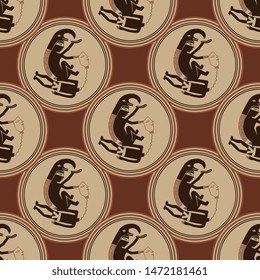 Seamless geometrical pattern with Native American tribal motifs from Mimbres pottery. Decapitation of a captive. Scene of ritual sacrifice. 