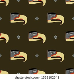 Seamless Geometrical Pattern With Native American Animal Motifs. Mythic Thunderbird Of Kwakiutl Indians From Canada.