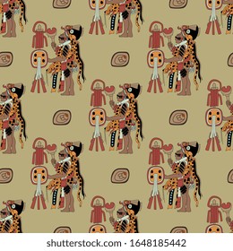 Seamless geometrical pattern with Native American Mayan motifs. Ancient tribal art of Mexican Indians.