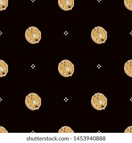 Seamless geometrical pattern with open halves of walnuts and polka dots.