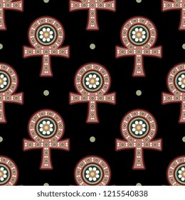 Seamless geometrical pattern with ornate ahkh symbols. Based on ancient Egyptian Coptic motif.