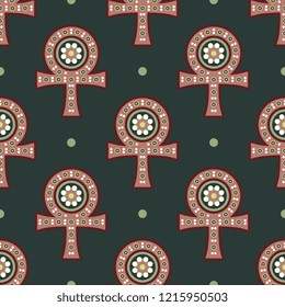 Seamless geometrical pattern with ornate ahkh symbols. Based on ancient Egyptian Coptic motif.