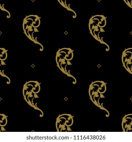 Seamless geometrical pattern with ornate baroque scrolls with floral motifs and polka dots. Gold silhouettes on black background.