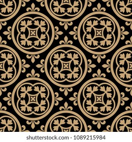 Seamless geometrical pattern with ornate floral mandalas. Based on ancient Romanesque or Gothic motif.