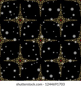 Seamless geometrical pattern with ornate floral crosses and snowflakes. 