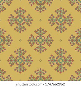 Seamless geometrical pattern with ornate floral motifs. Folk style.