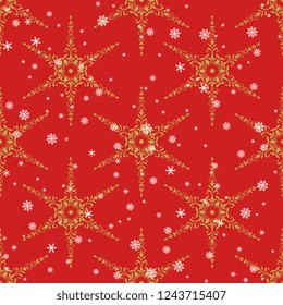 Seamless geometrical pattern with ornate golden six point stars made of floral motifs and white snowflakes on red background.