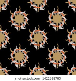 Seamless geometrical pattern with ornate medieval mandalas. Fantastic illuminated manuscript motif.
