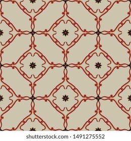 Seamless geometrical pattern with ornate medieval motifs. Snakes and flowers. Square and rounded intricate linear ornament.
