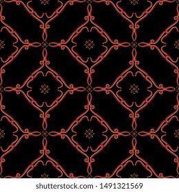 Seamless geometrical pattern with ornate medieval motifs. Snakes and flowers. Square and rounded intricate linear ornament.