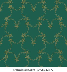 Seamless geometrical pattern with ornate pentagrams or five point stars made of goat's heads. Golden silhouettes on blue background.