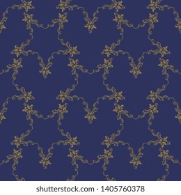 Seamless geometrical pattern with ornate pentagrams or five point stars made of goat's heads. Golden silhouettes on blue background.