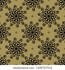 Seamless geometrical pattern with ornate round mandalas and polka dots. Black silhouettes on gold background.