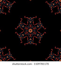 Seamless geometrical pattern with ornate round mandalas with intricate floral motifs.