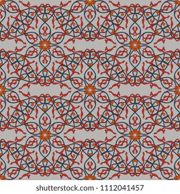 Seamless geometrical pattern with ornate round mandalas with intricate floral motifs.