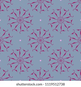 Seamless geometrical pattern with ornate round abstract mandalas and dots.