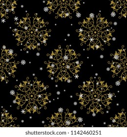 Seamless geometrical pattern with ornate round mandalas and snowflakes.