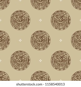 Seamless geometrical pattern with ornate round mandalas with fantastic creature. Based on ethnic tribal art of Conde Indians from ancient Panama. Hand drawn sketch.