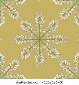 Seamless geometrical pattern with ornate round floral mandalas made of lily blossom.