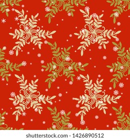 Seamless geometrical pattern with ornate silhouetted floral motifs and snowflakes.
