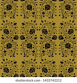 Seamless geometrical pattern with ornate silhouetted floral motifs.