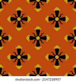 Seamless geometrical pattern with ornate square cross shapes. Russian vintage style. Black and yellow Christian symbol on orange red background.
