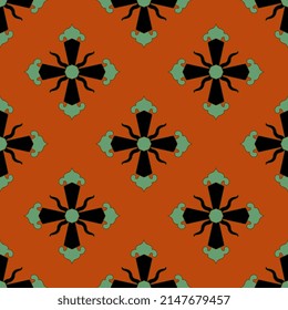Seamless geometrical pattern with ornate square cross shapes. Russian vintage style. Black and green Christian symbol on orange red background.