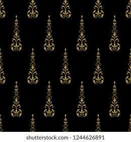 Seamless geometrical pattern with ornate vertical floral design. Gold silhouettes on black background.