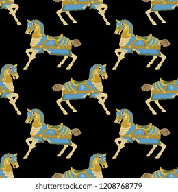 Seamless geometrical pattern with ornate vintage toy horses. Cartoon style.