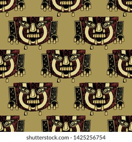 Seamless geometrical pattern with Pre Columbian tribal motif. Ancient golden mask from Peru. Hand drawn art.