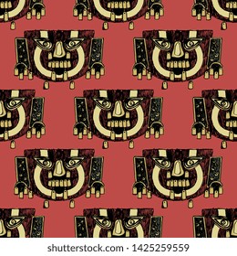 Seamless geometrical pattern with Pre Columbian tribal motif. Ancient golden mask from Peru. Hand drawn art.