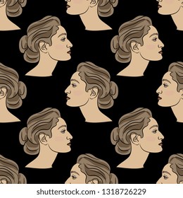 Seamless geometrical pattern with profile portraits of a beautiful Caucasian girl. Cartoon style.