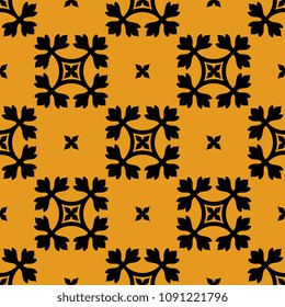 Seamless geometrical pattern with rectangular floral motifs. Black silhouetted on yellow background.