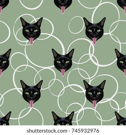 Seamless geometrical pattern with repeating heads of black cat and abstract ellipses.