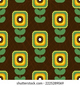 Seamless geometrical pattern in retro style. Abstract sunflowers on brown background. Trendy pattern for fabrics, textiles, dresses and designs