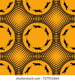 Seamless geometrical pattern with rings of sneaking cats inside sun rays frames. Black silhouettes on orange yellow background. Halloween colors.