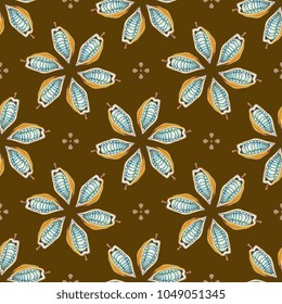 Seamless geometrical pattern with round abstract mandalas made of cocoa bean pods. 