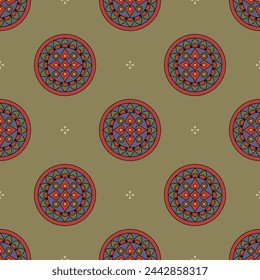 Seamless geometrical pattern with round abstract mandalas. Folk style circular ornament. On gold background.