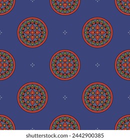 Seamless geometrical pattern with round abstract mandalas. Folk style circular ornament. On blue background.