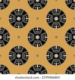 Seamless geometrical pattern with round ethnic mandalas with stylized faces. Native American art of ancient Peru. Paracas style. Black and white silhouettes on yellow background.