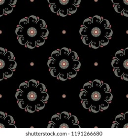 
Seamless geometrical pattern with round floral mandalas. Folk style. Based on medieval Indian motifs.