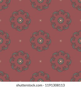 Seamless geometrical pattern with round floral mandalas. Folk style. Based on medieval Indian Mogul motifs.