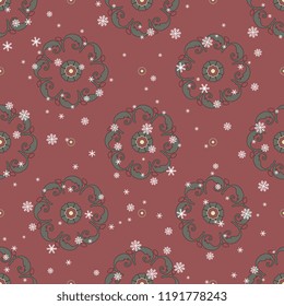 Seamless geometrical pattern with round floral mandalas and snowflakes. Folk style. Based on medieval Indian Mogul motifs.
