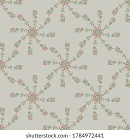 Patrón geométrico sin foco con estrellas florales redondas. Ramas con bayas rojas. Estilo popular.
