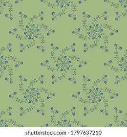 Patrón geométrico sin foco con mandalas florales redondas. Ramas de flor de arándano estilizado. Estilo popular.