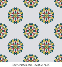 Patrón geométrico sin foco con mandalas florales redondas. Sobre fondo blanco.