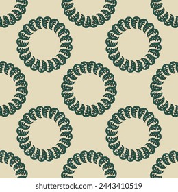Seamless geometrical pattern with round floral wreaths. Green circular mandalas on white background.